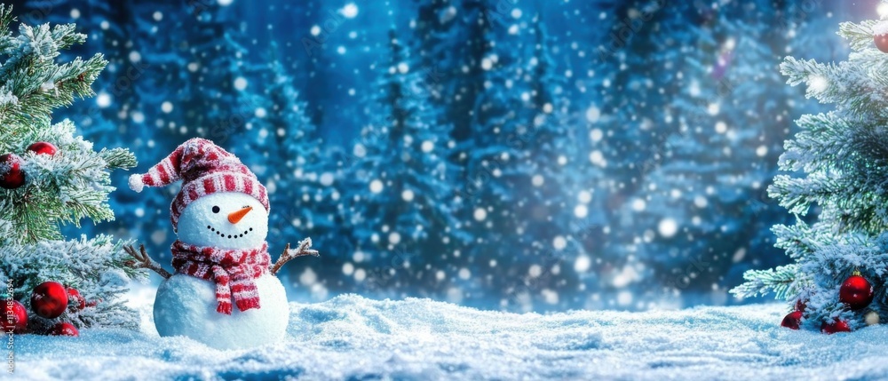 Adorable Snowman in Snowy Winter Wonderland with Christmas Trees Adorable Snowman in Snowy Winter Wonderland with Christmas Trees