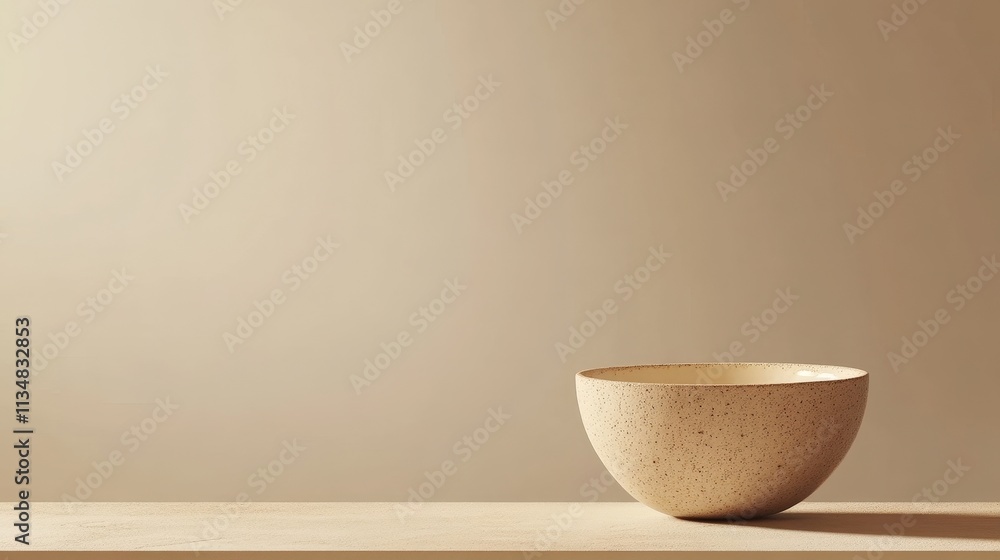 Minimalistic ceramic bowl on wooden shelf against neutral background, perfect for home decor, food styling, or pottery art showcase in modern interiors. Minimalistic ceramic bowl on wooden shelf against neutral background, perfect for home decor, food styling, or pottery art showcase in modern interiors.