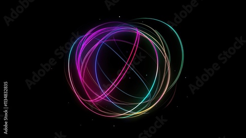 green, pink, blue and purple light lines on black background Abstract colorful light trails forming a sphere.
