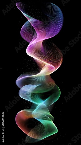 green, pink, blue and purple light lines on black background Abstract colorful swirling light trails