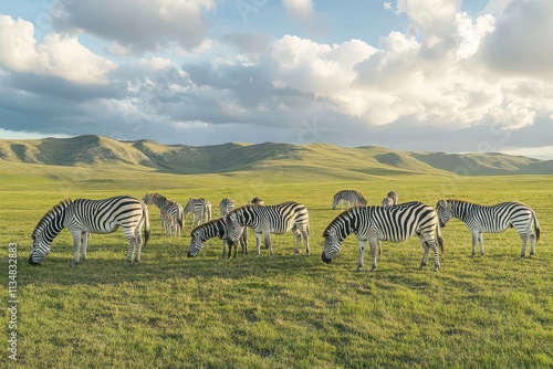 A herd of zebras grazing in a lush green landscape under a cloudy sky.