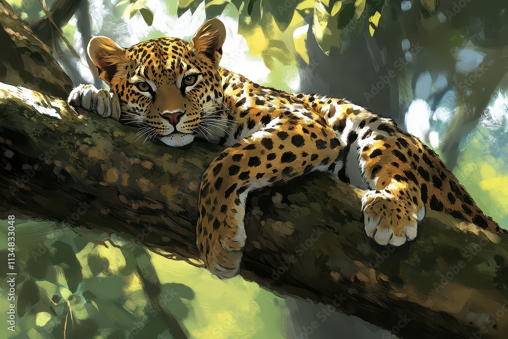 A leopard lounging on a tree branch in a lush forest setting. A leopard lounging on a tree branch in a lush forest setting.