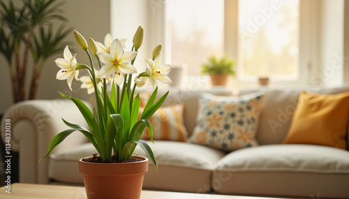 Potted Easter lilies on a cozy living room table