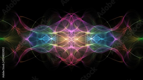 green, pink, blue and purple light lines on black background Abstract colorful light painting art