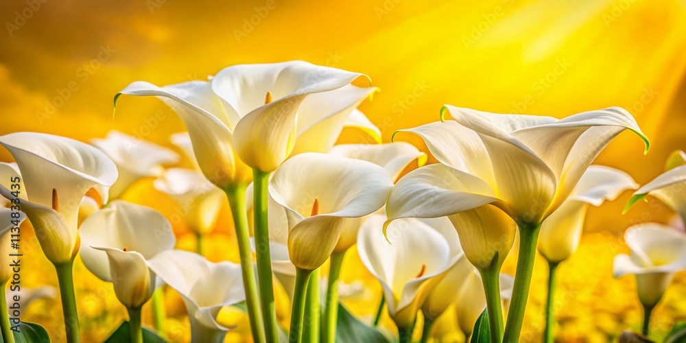 Fototapeta premium Close-Up of Elegant White Calla Lilies on a Vibrant Yellow Background Capturing the Essence of Floral Beauty and Nature's Palette in Urban Exploration Photography