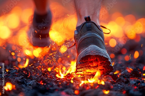 Burning fire with glowing embers and flames in a rustic outdoor environment photo