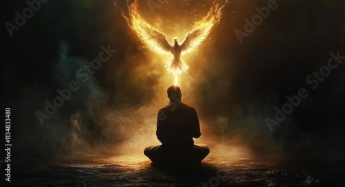 Pentecost Scene of a Man Kneeling in Prayer Under Divine Light with a Fiery Dove Representing the Holy Spirit