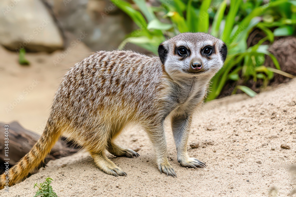 Fototapeta premium A meerkat stands on a sandy surface, surrounded by greenery.