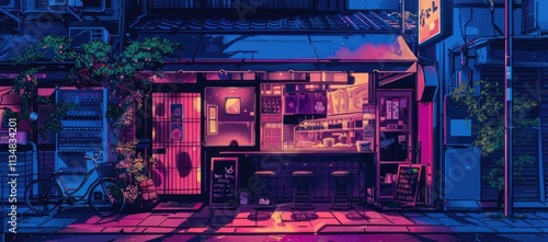 a beautiful japanese tokyo city ramen shop restaurant bar in the dark night evening. house at the street. anime cartoonish art style. cozy lofi asian architecture