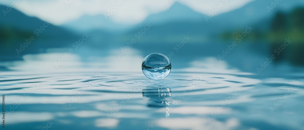 A pristine droplet hovers above a tranquil lake, creating gentle ripples against a backdrop of misty mountains, embodying calmness and solitude. A pristine droplet hovers above a tranquil lake, creating gentle ripples against a backdrop of misty mountains, embodying calmness and solitude.