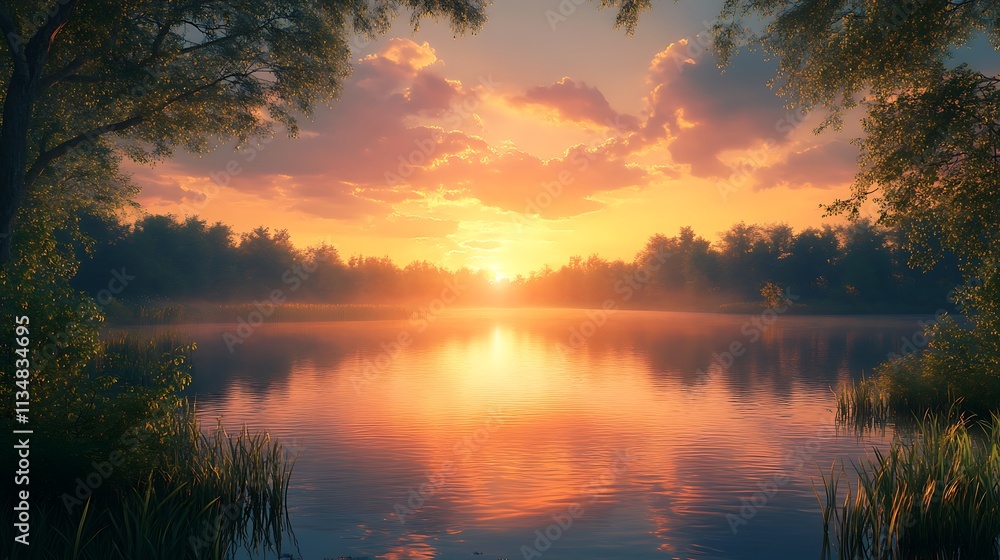 Sunset reflection over serene lake nature landscape tranquil view Sunset reflection over serene lake nature landscape tranquil view