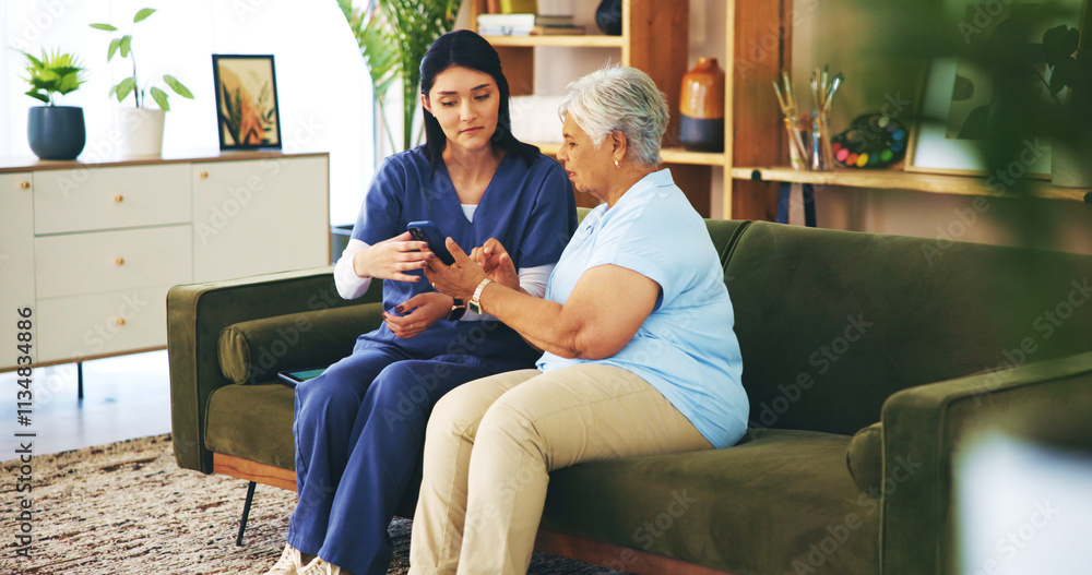 Help, smartphone and old woman on sofa with nurse for senior care, support and learning in lounge at home. Homecare, elderly person and caregiver on couch with phone, healthcare and mobile app advice Help, smartphone and old woman on sofa with nurse for senior care, support and learning in lounge at home. Homecare, elderly person and caregiver on couch with phone, healthcare and mobile app advice