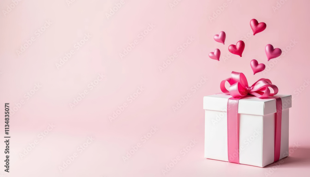 Obraz premium Gift box with pink hearts on pink background. Valentine's day concept.
