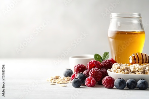 serene breakfast table setup with oatmeal berries and honey under soft natural light photo