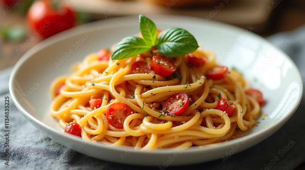 Close-up of a delicious pasta dish with tomato sauce and basil, Generative AI