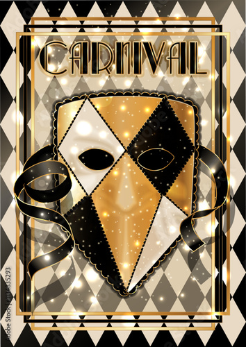Happy Carnival bauta mask card in art deco style , vector illustration