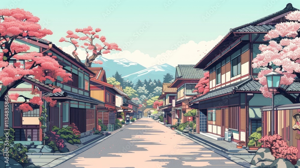 Fototapeta premium a beautiful japanese village city town in the morning. buddhist temple shinto shrine. anime comics artstyle. cozy lofi asian architecture