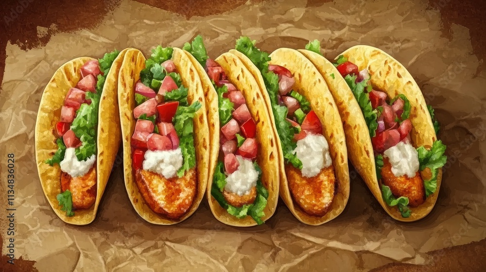 Delicious Tacos Filled with Fresh Lettuce, Tomato, and Cheese on Rustic Brown Paper Background for Food Photography Delicious Tacos Filled with Fresh Lettuce, Tomato, and Cheese on Rustic Brown Paper Background for Food Photography