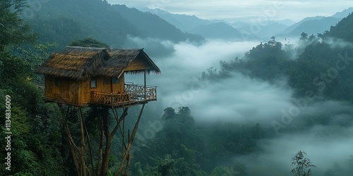 Photograph of a wooden treehouse on tall stilts in the misty mountains overlooking the clouds