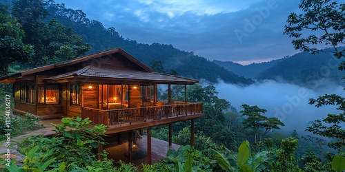 Photograph of a wooden treehouse on tall stilts in the misty mountains overlooking the clouds