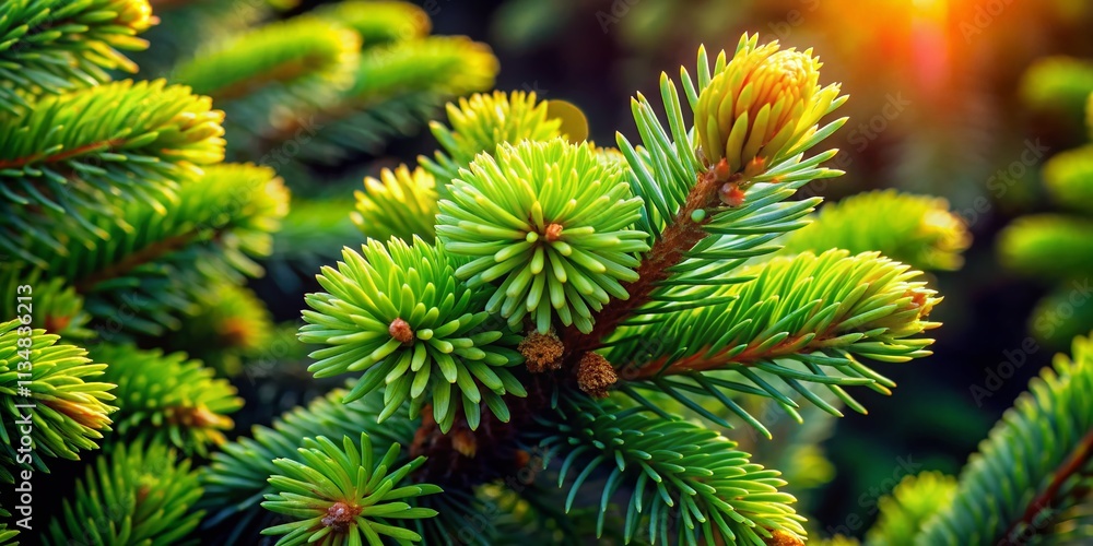 Fototapeta premium Close-Up of Picea mariana Nana in Low Light: A Serene Dwarf Conifer Creating a Tranquil Atmosphere in the Garden at Twilight, Perfect for Plant Enthusiasts and Garden Designers