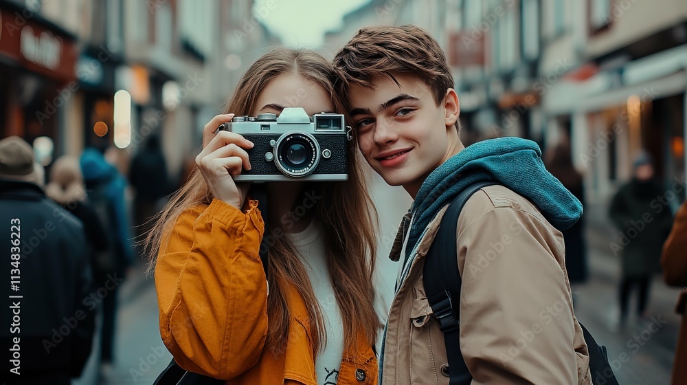 Traveling couple taking photos with camera Loving couple walking through the city
