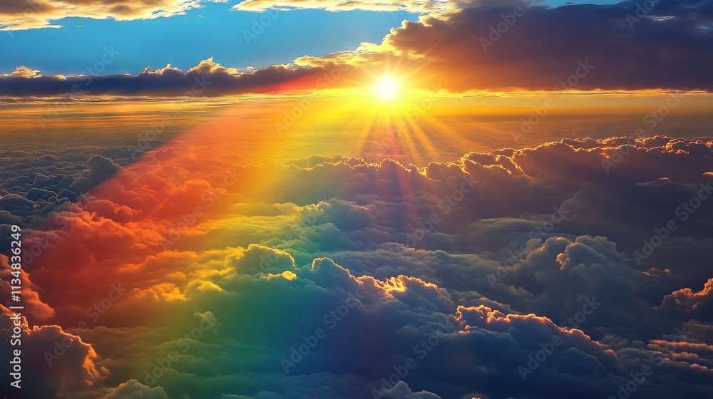 The sun and sun rays are visible through the black clouds there is a rainbow in the sky The sun and sun rays are visible through the black clouds there is a rainbow in the sky