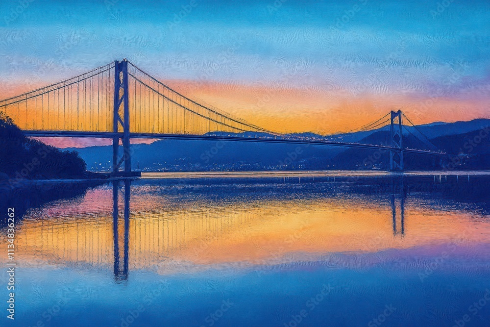 A serene sunset view of a bridge reflecting in calm waters. A serene sunset view of a bridge reflecting in calm waters.