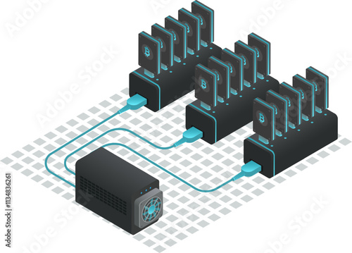 Cryptocurrency mining farm generating digital currency with multiple usb connected devices and power supply, representing blockchain technology and investment in isometric view