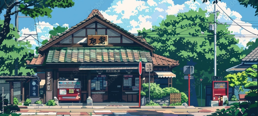 Obraz premium a beautiful japanese village city town in the morning. railway station with shop. anime comics artstyle. cozy lofi asian architecture