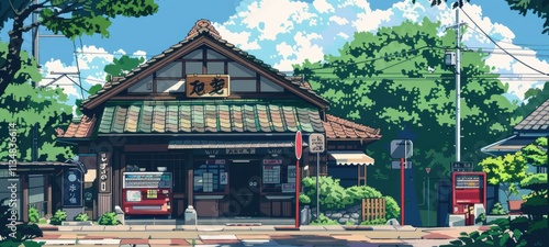 a beautiful japanese village city town in the morning. railway station with shop. anime comics artstyle. cozy lofi asian architecture