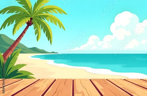 Wooden surface close up, tropical background with palm trees, beach and ocean.