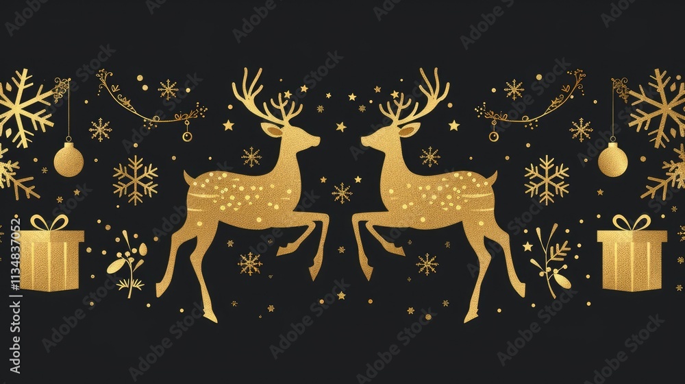 two golden deer running in the center, with golden Christmas decorations and snowflakes 