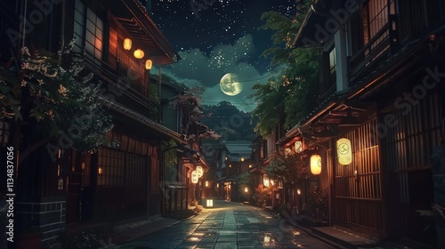 a beautiful japanese village city town in the night. buddhist temple shinto shrine. anime comics artstyle. cozy lofi asian architecture. 4k resolution.