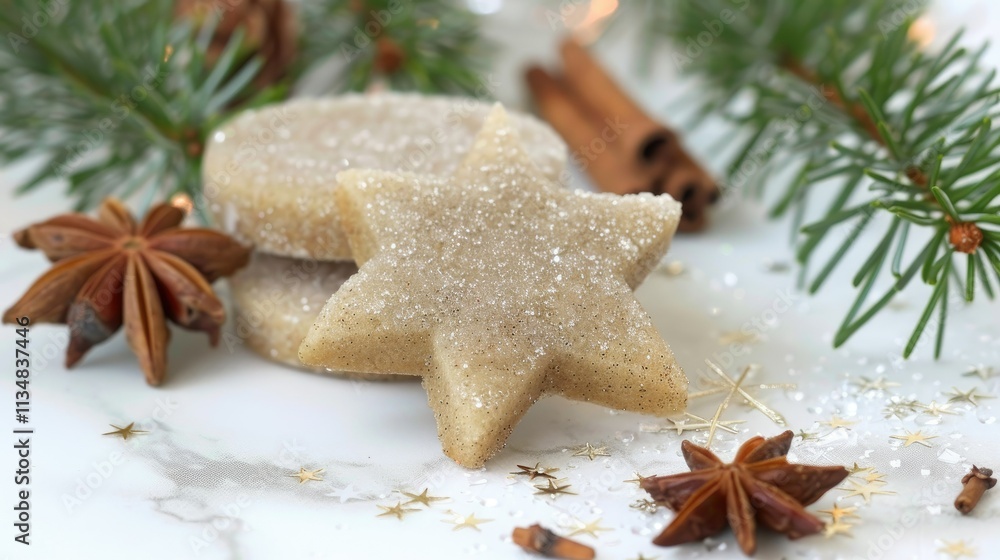 Gleaming star-shaped cookies, cinnamon sticks Gleaming star-shaped cookies, cinnamon sticks
