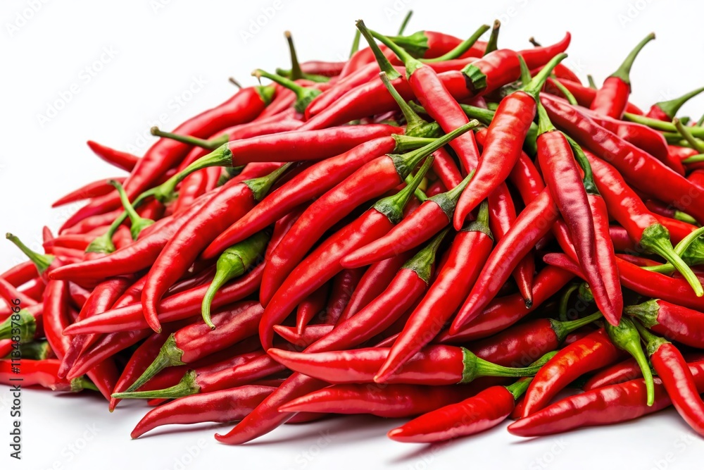 Close-Up of Vibrant Hanoi Red Peppers: A Pile of Fresh Vietnamese Chili on White Background with Ample Copy Space for Culinary and Food Photography Projects Close-Up of Vibrant Hanoi Red Peppers: A Pile of Fresh Vietnamese Chili on White Background with Ample Copy Space for Culinary and Food Photography Projects