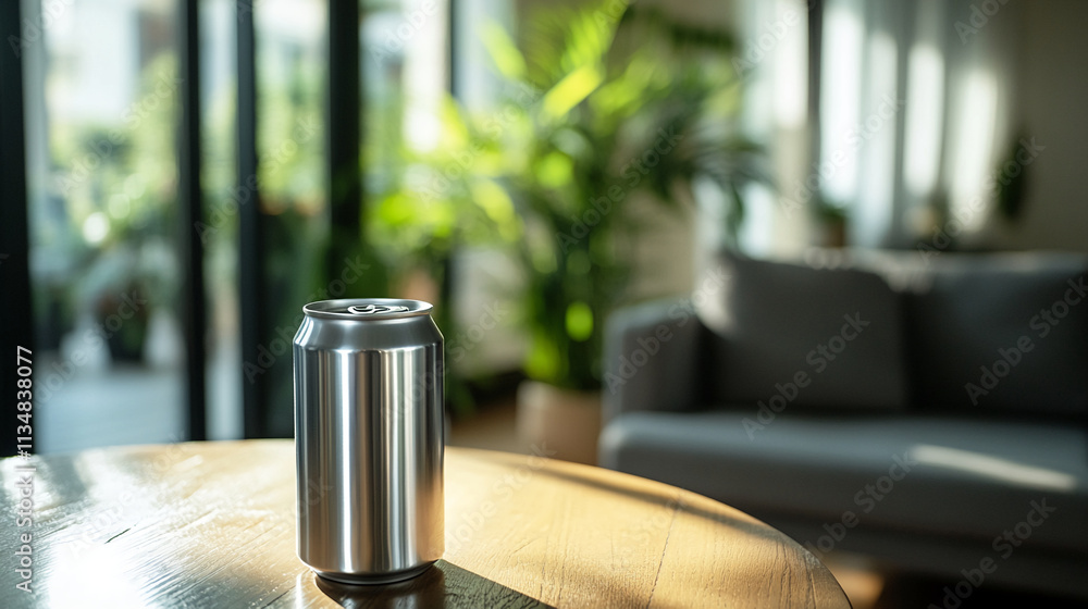 Refreshing beverage resting on a wooden table in a cozy living room with plants and soft sunlight Refreshing beverage resting on a wooden table in a cozy living room with plants and soft sunlight