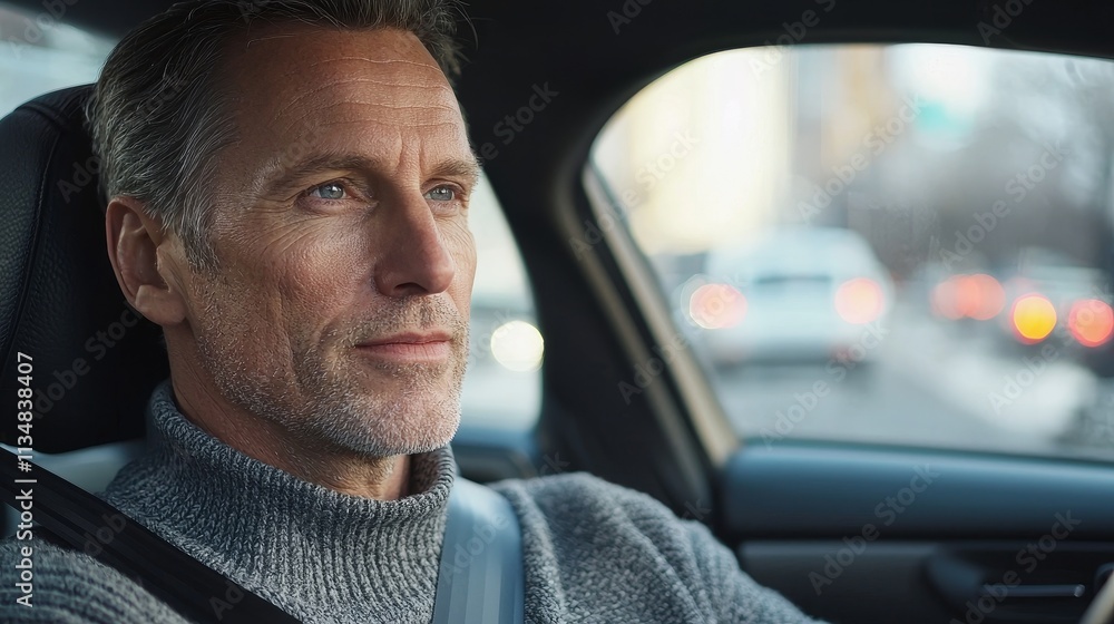 Mature man driving a car in urban traffic Mature man driving a car in urban traffic