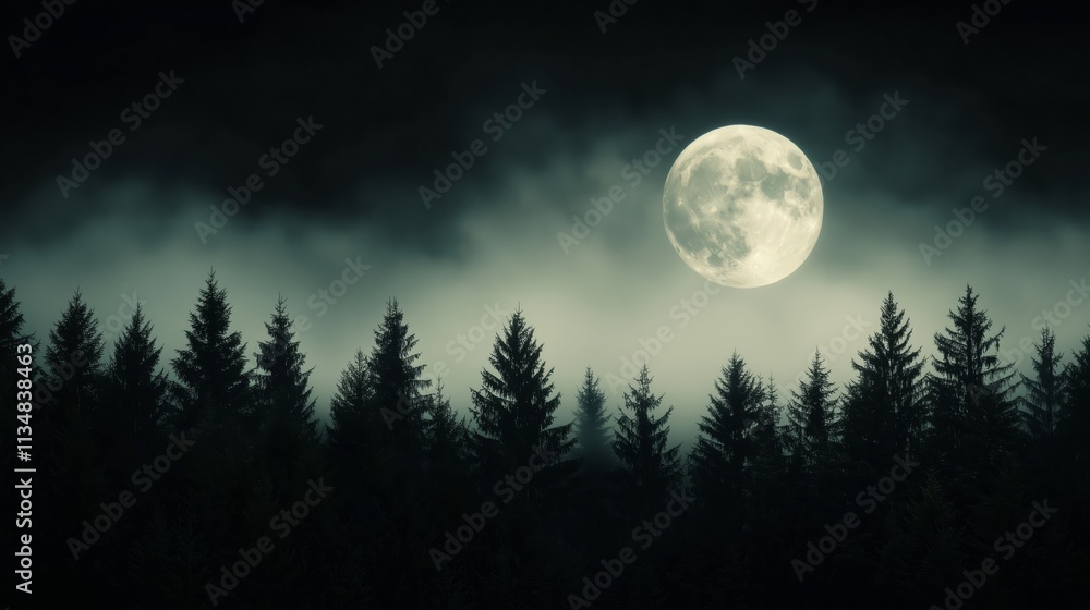 Enchanted Night with Moon Over Serene Pine Forest Enchanted Night with Moon Over Serene Pine Forest
