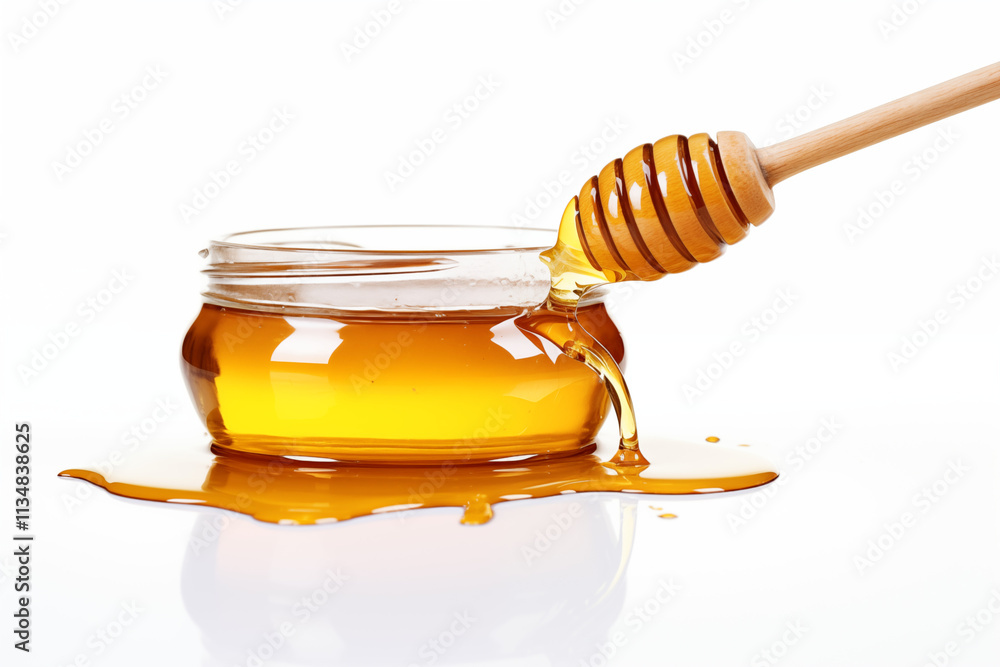 Close-up of high-quality thick honey in a small glass jar, with golden honey dripping from a spoon onto the surface, displayed on a clean white background for a natural and appetizing presentation Close-up of high-quality thick honey in a small glass jar, with golden honey dripping from a spoon onto the surface, displayed on a clean white background for a natural and appetizing presentation