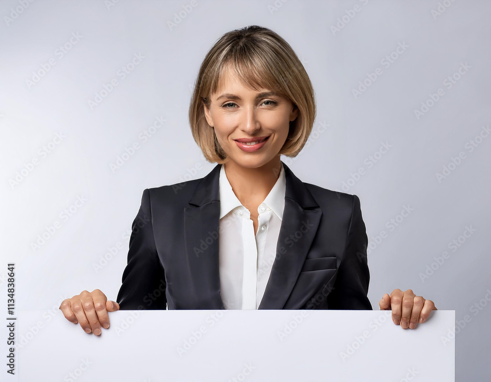 Professional Woman with Bob Hairstyle Peeking Behind Placard, Elegant and Confident Isolated Image Professional Woman with Bob Hairstyle Peeking Behind Placard, Elegant and Confident Isolated Image