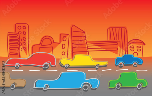 City traffic at sunset, colorful cars driving with buildings on background, creative vector illustration