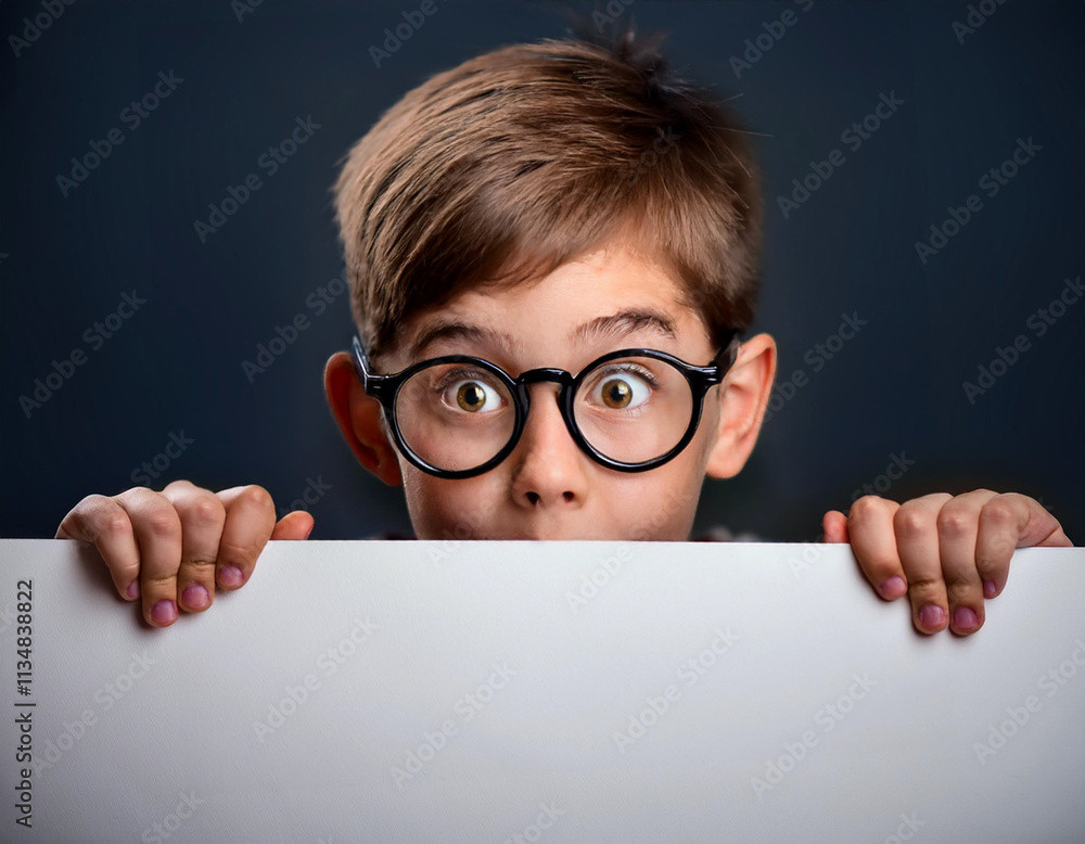 Boy with Glasses Peeking Behind Placard, Playful and Curious Isolated Studio Portrait Boy with Glasses Peeking Behind Placard, Playful and Curious Isolated Studio Portrait