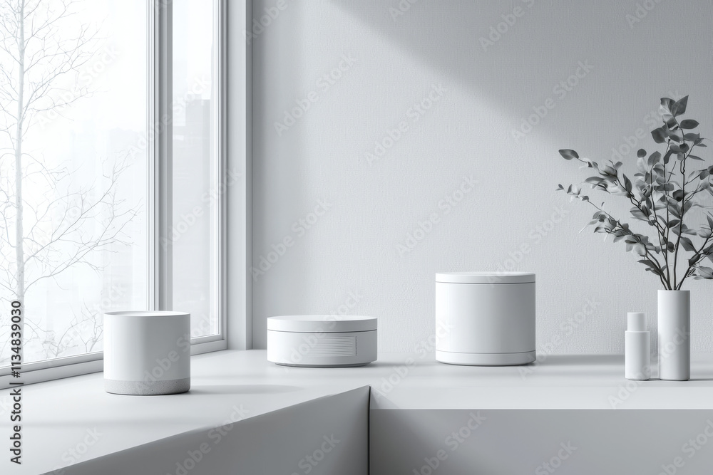 White Minimalist Air Purifier Mockup, Cylindrical Design, Modern Home Decor White Minimalist Air Purifier Mockup, Cylindrical Design, Modern Home Decor
