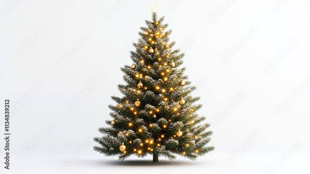 Snow-Covered Christmas Tree with Golden Ornaments and Lights Snow-Covered Christmas Tree with Golden Ornaments and Lights