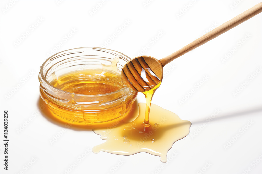 Close-up of high-quality thick honey in a small glass jar, with golden honey dripping from a spoon onto the surface, displayed on a clean white background for a natural and appetizing presentation Close-up of high-quality thick honey in a small glass jar, with golden honey dripping from a spoon onto the surface, displayed on a clean white background for a natural and appetizing presentation