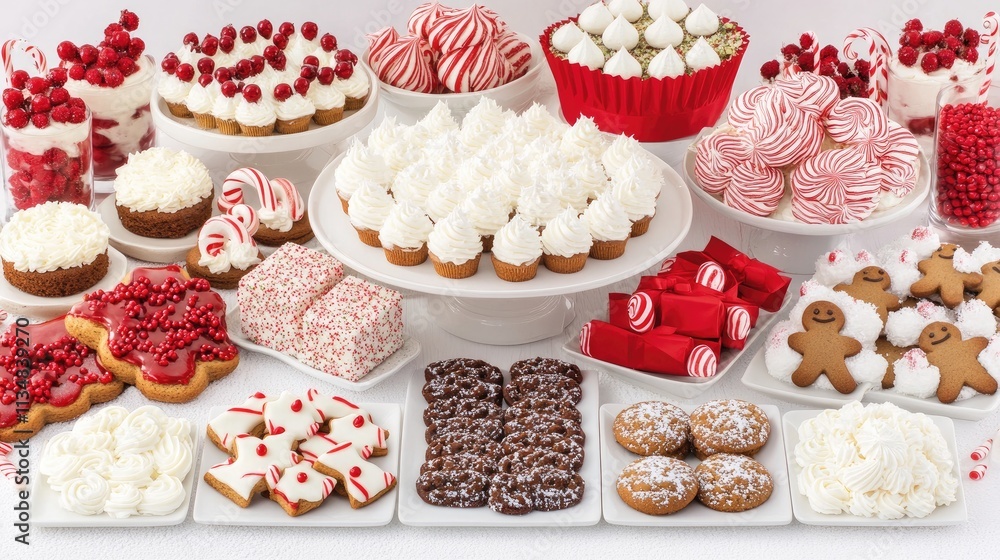 A holiday-themed dessert table with colorful cakes, gingerbread men, and candy canes, surrounded by festive decorations. A holiday-themed dessert table with colorful cakes, gingerbread men, and candy canes, surrounded by festive decorations.