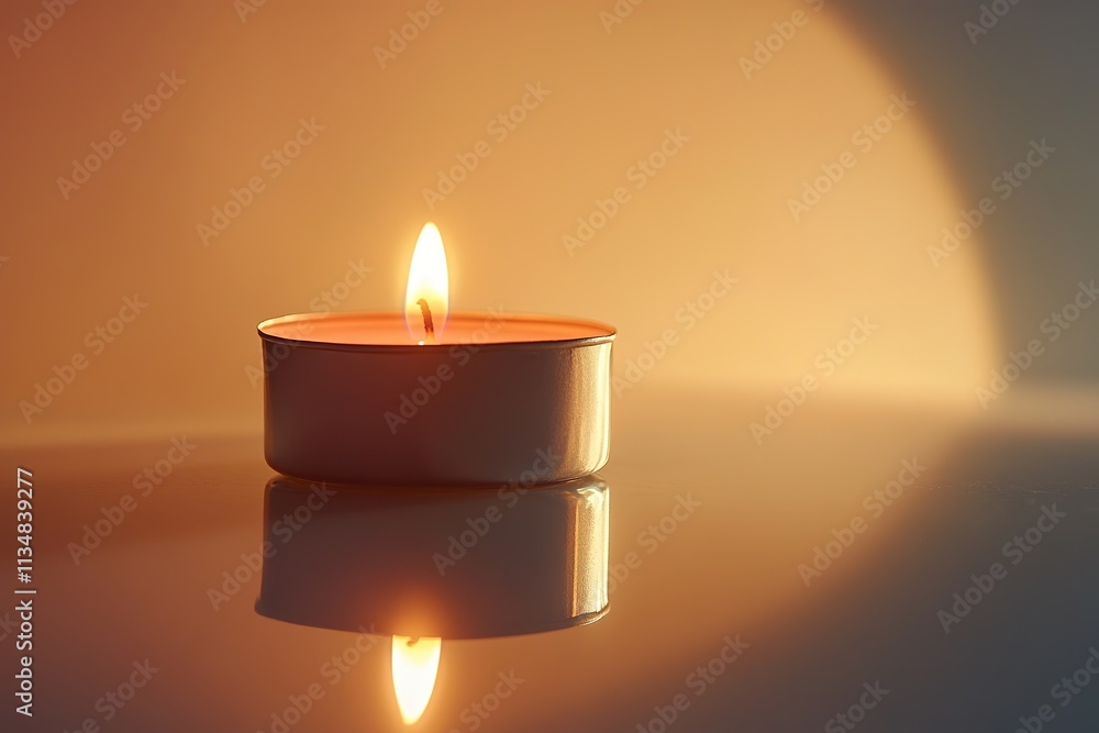 single glowing candle resting on smooth reflective surface under soft diffused lighting single glowing candle resting on smooth reflective surface under soft diffused lighting