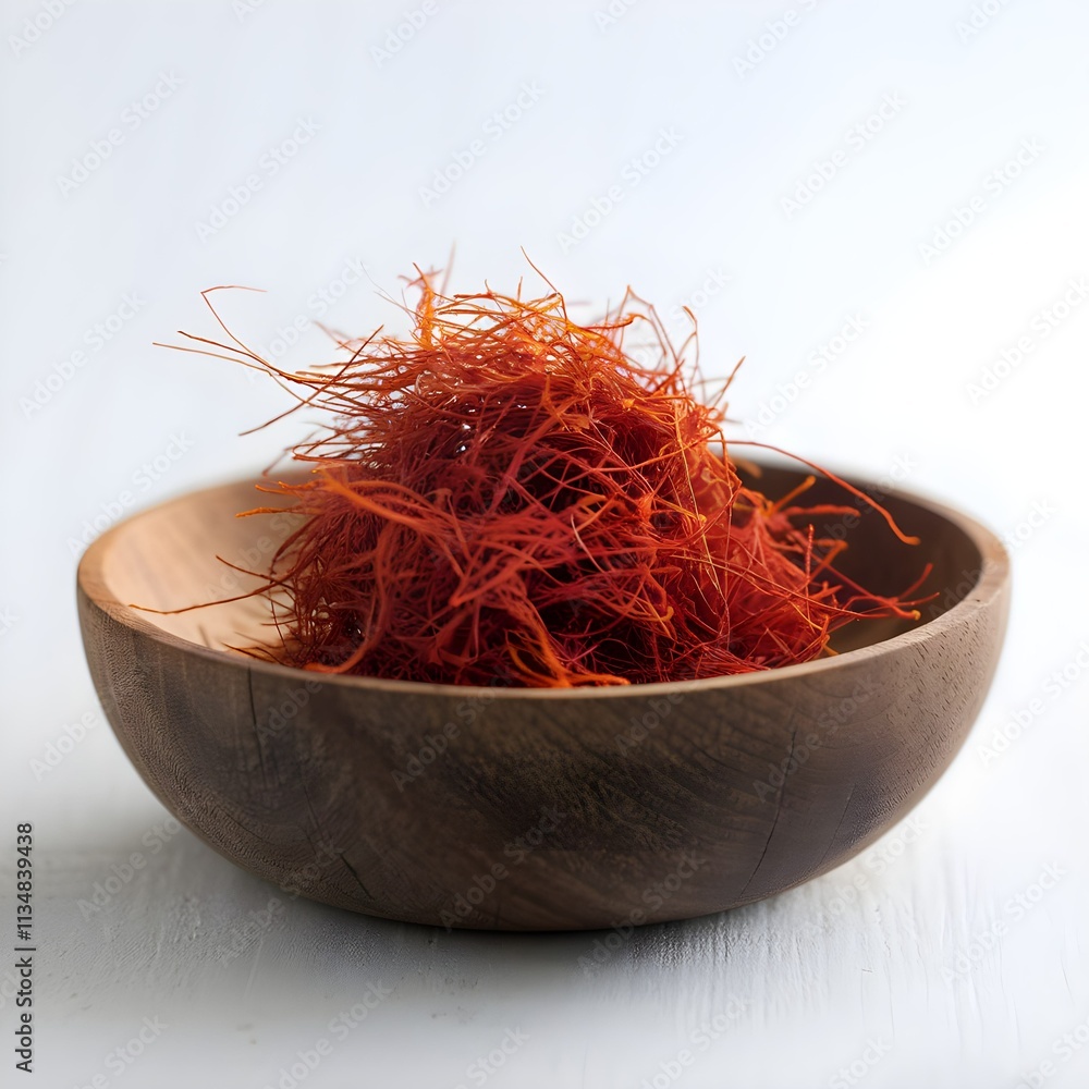 Fototapeta premium Fresh Fresh Red Saffron Threads in Wooden Bowl on White Background