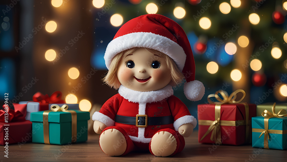 Cute Little Children's Dolls Using Christmas Attributes with a background filled with wrapped gifts Cute Little Children's Dolls Using Christmas Attributes with a background filled with wrapped gifts